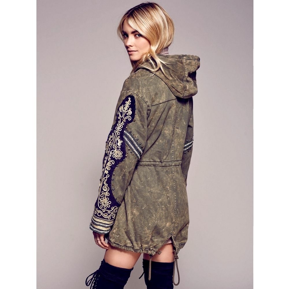 Free People Olive Green Embroidered Hooded Anorak